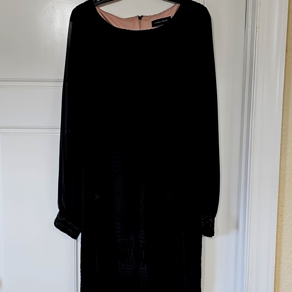 IvankaTrump black patterned, velveteen, sheer beaded cuff, semi-formal dress.